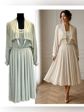 Wayne Clark Aline Marelle Vintage beige cream pleated midi dress Sz 12